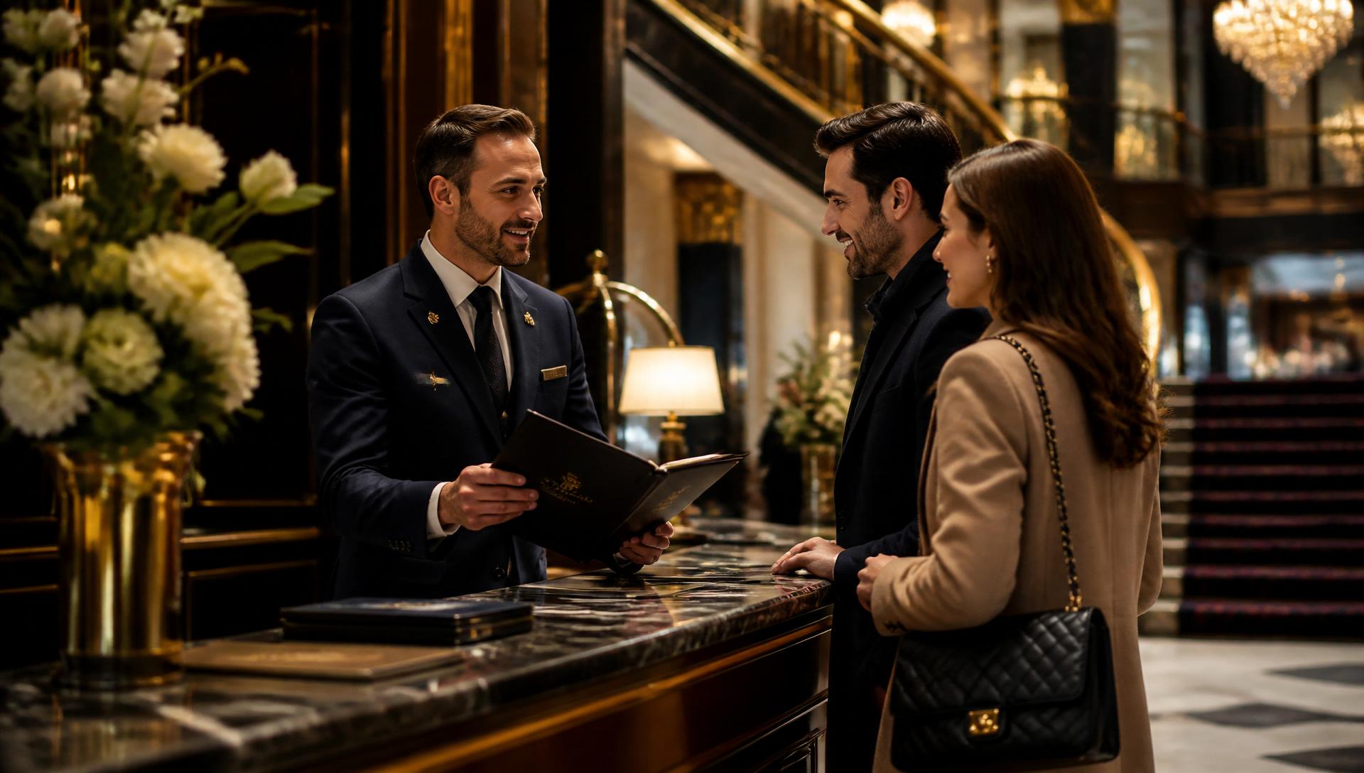 Concierge de luxe assistant des voyageurs dans le hall élégant d'un hôtel