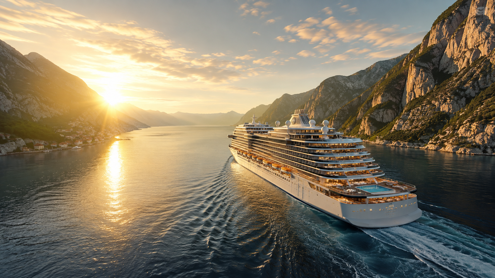 Luxury cruise ship sailing through a sunlit fjord at sunrise