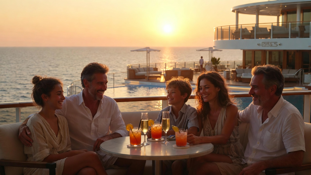 Family enjoying golden hour aboard a luxury yacht
