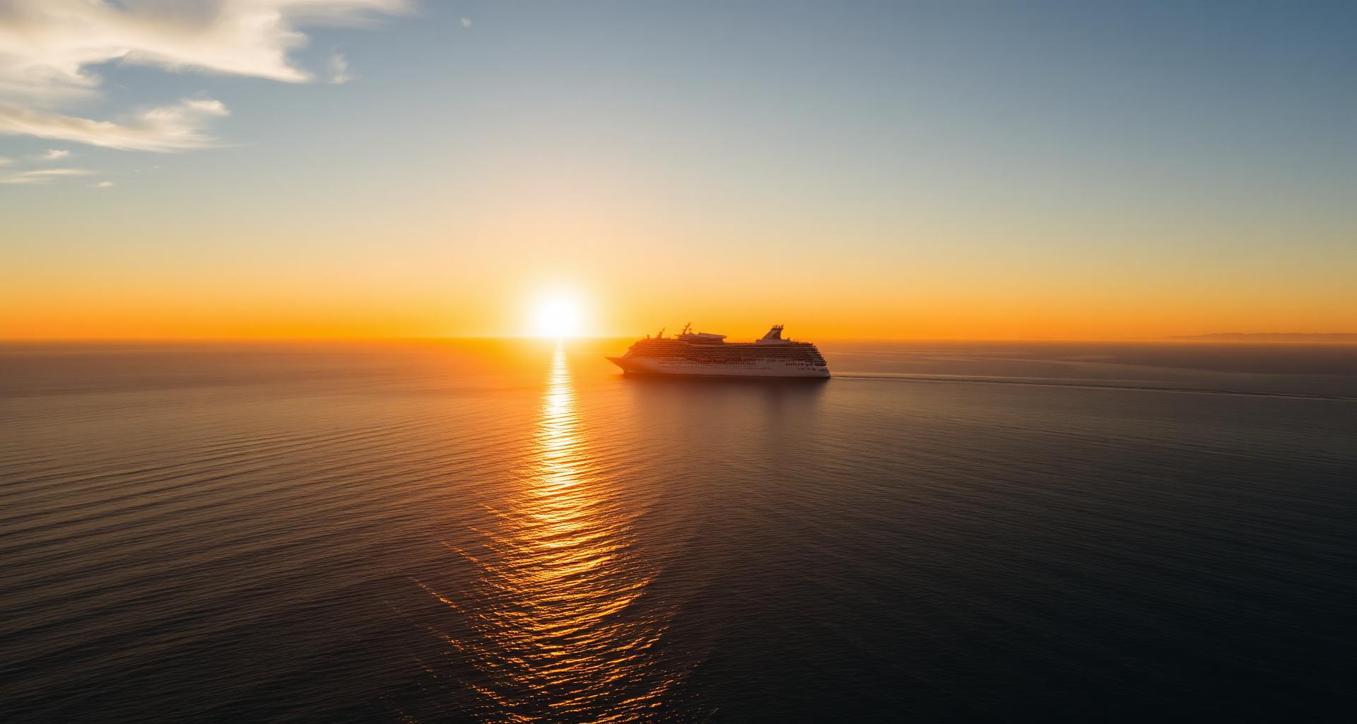 Cruise ship sailing toward a golden sunset
