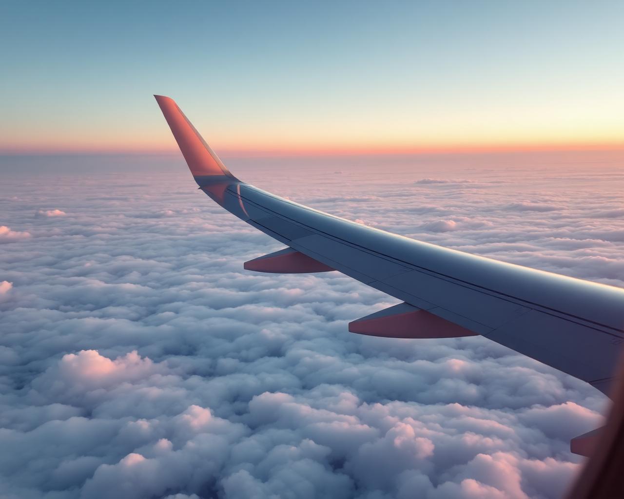 Aircraft wing above clouds at sunset