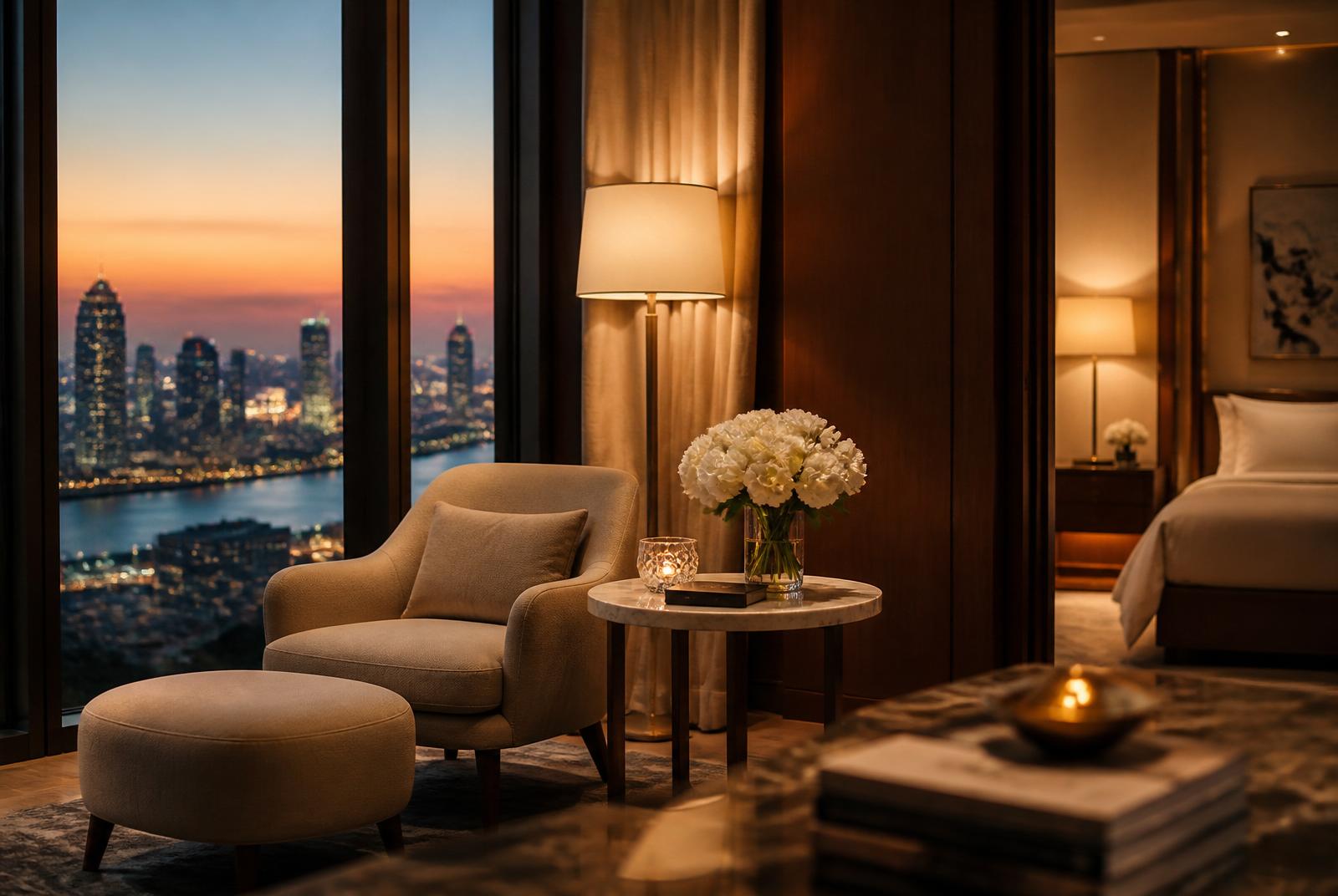 Suite d'hôtel avec vue sur la ville au crépuscule